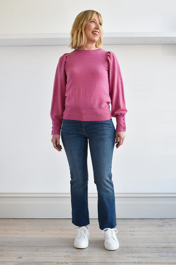 Crew Neck Knit with Puff Sleeves, Rose