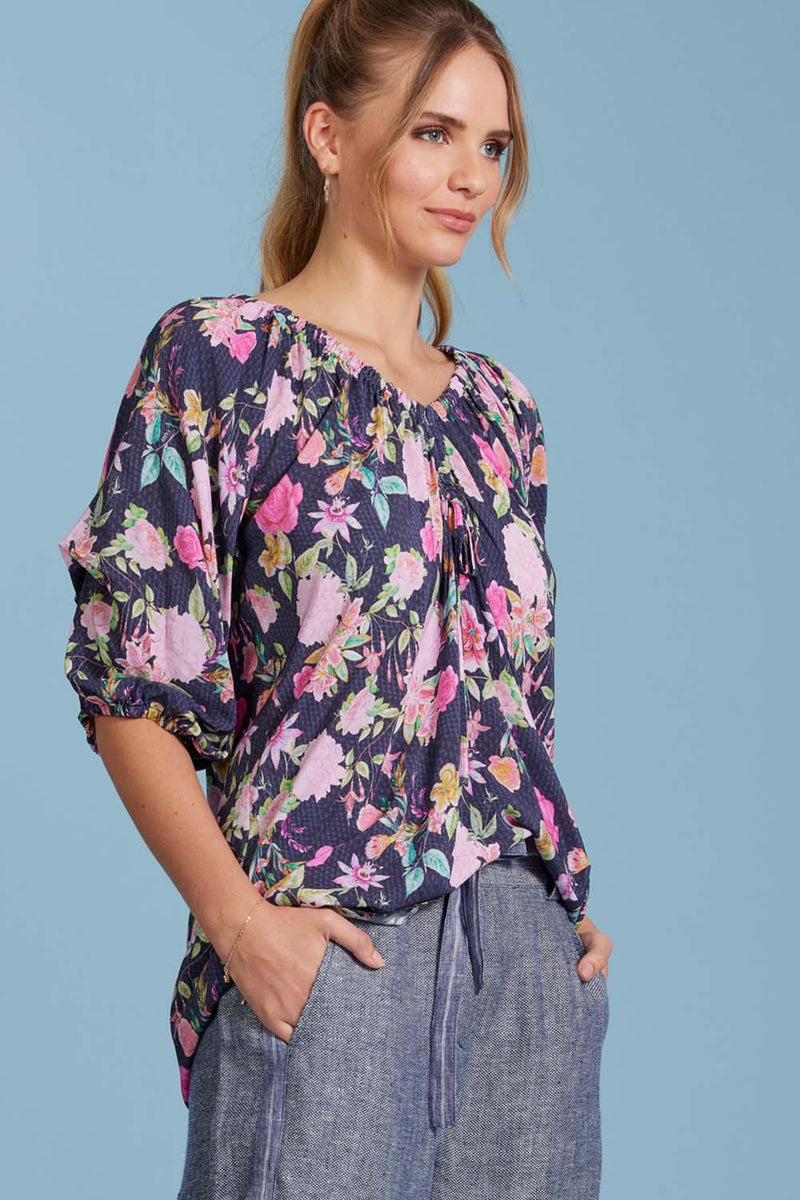Fuchsiaristic Top, Navy Floral